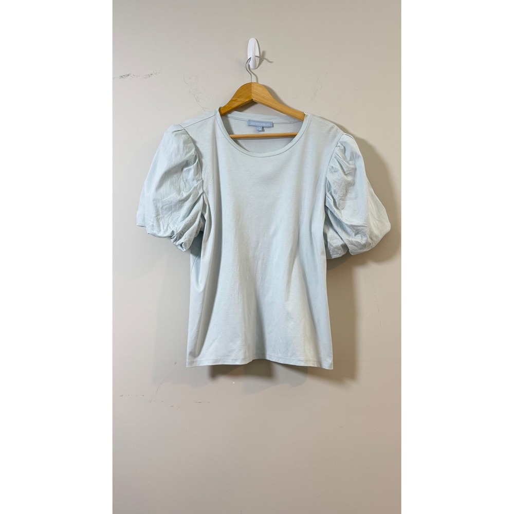 Antonio Melani Puff Sleeve Top Light Blue Cotton Crew Neck Women Large